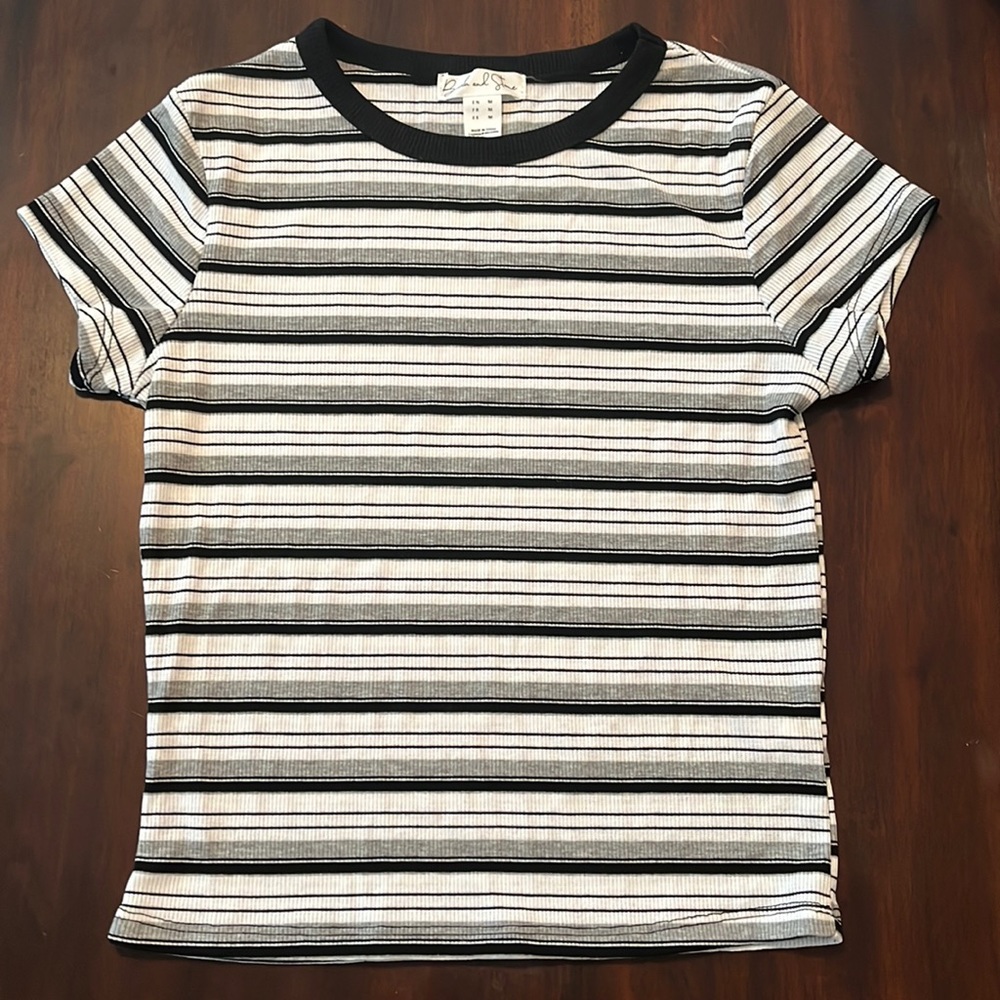 Striped t-shirt, Birch and Stone, women’s medium, black, white, and grey.
